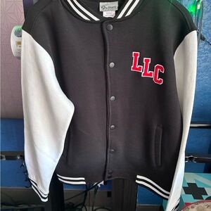 LakeLand Lakers Black & White Varsity Jacket with Red LLC Patch